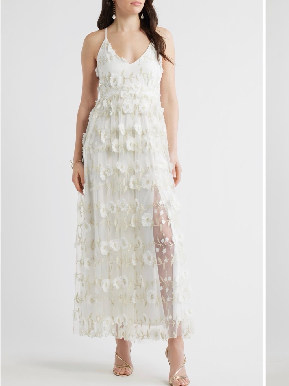 Chelsea28 White Floral Appliqué V-Neck Maxi Dress with Slit